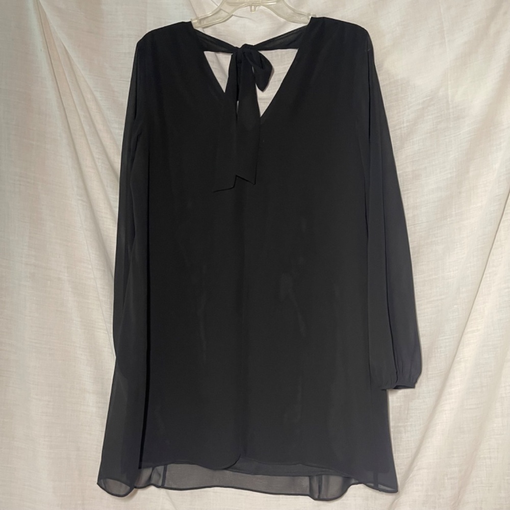 BCBGenerations Women’s Black Blouse. V neck front and back. Tie. Sheer sleeves. - Picture 2 of 8